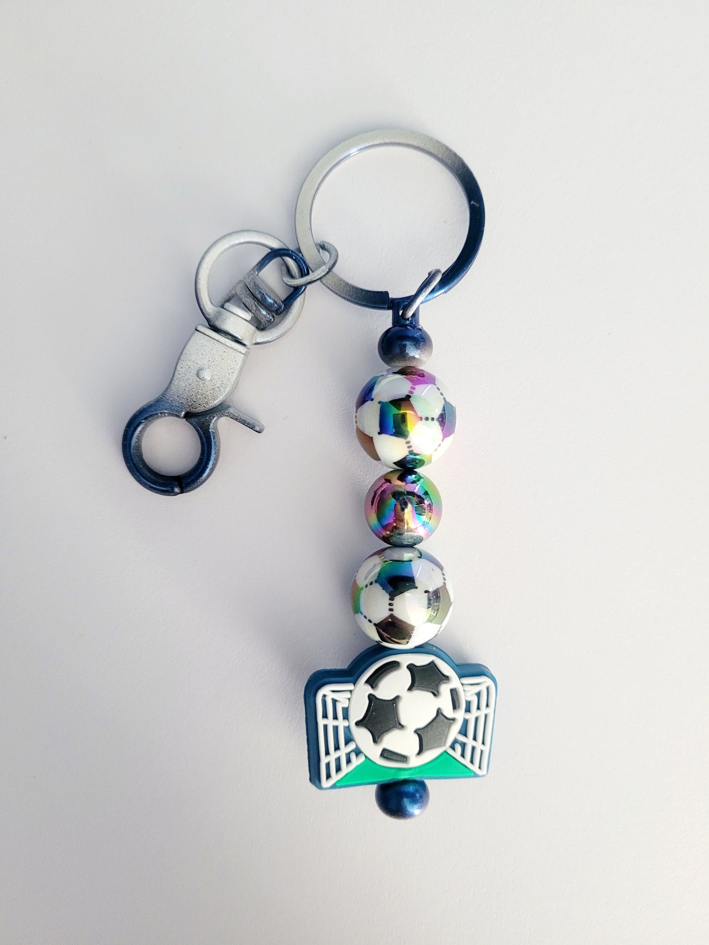 Football Beaded Black Metal Keyring