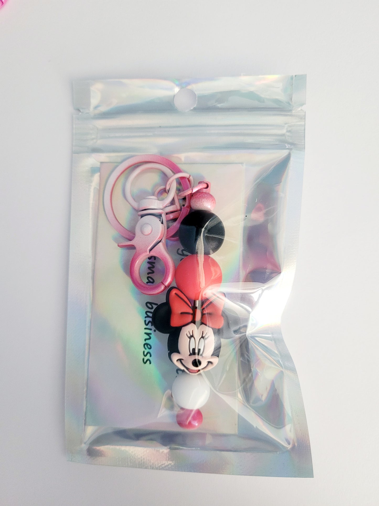 Minnie Mouse Beaded Pink Metal Keyring