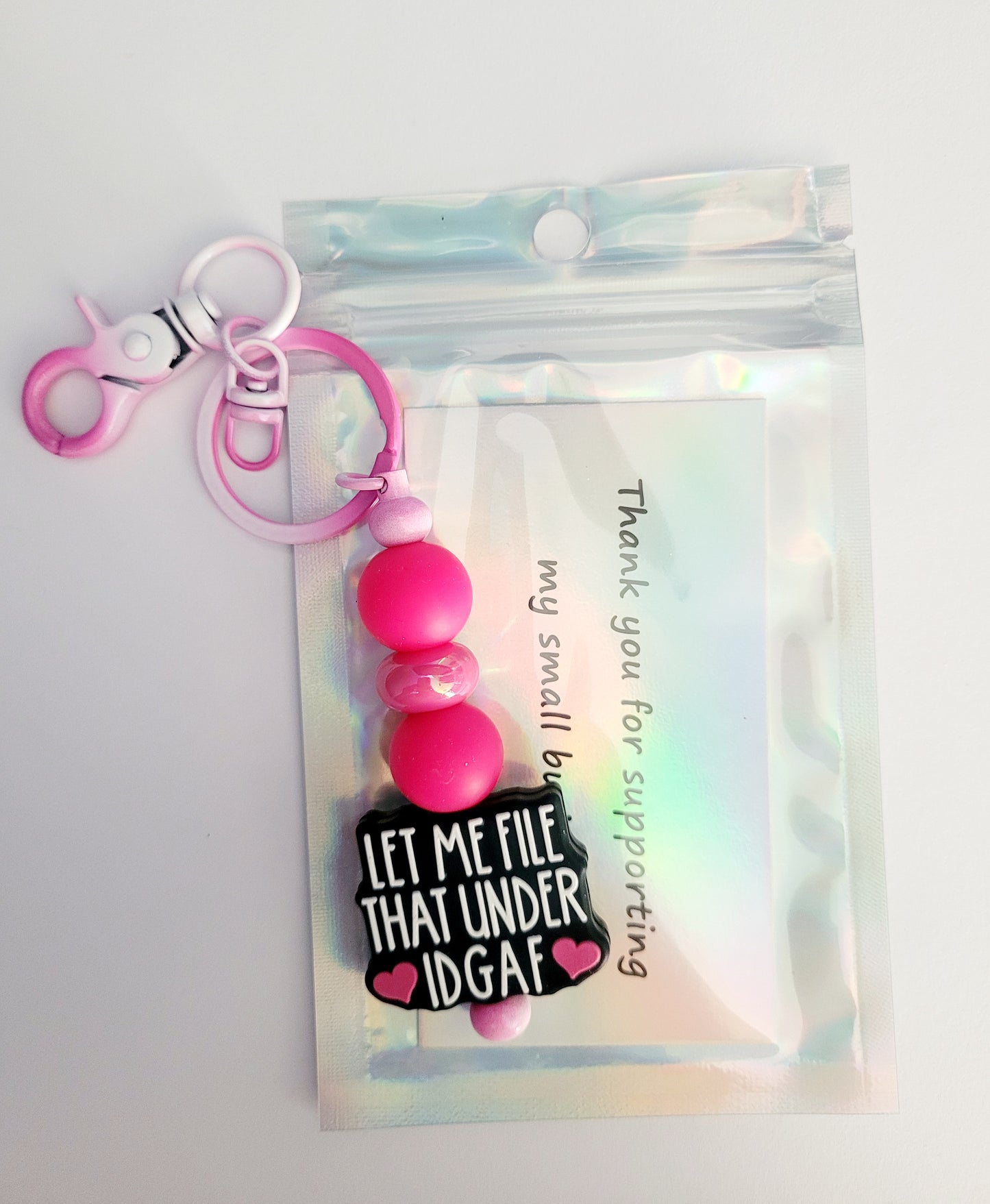 'IDGAF' Sarcasm Beaded Pink Metal Keyring
