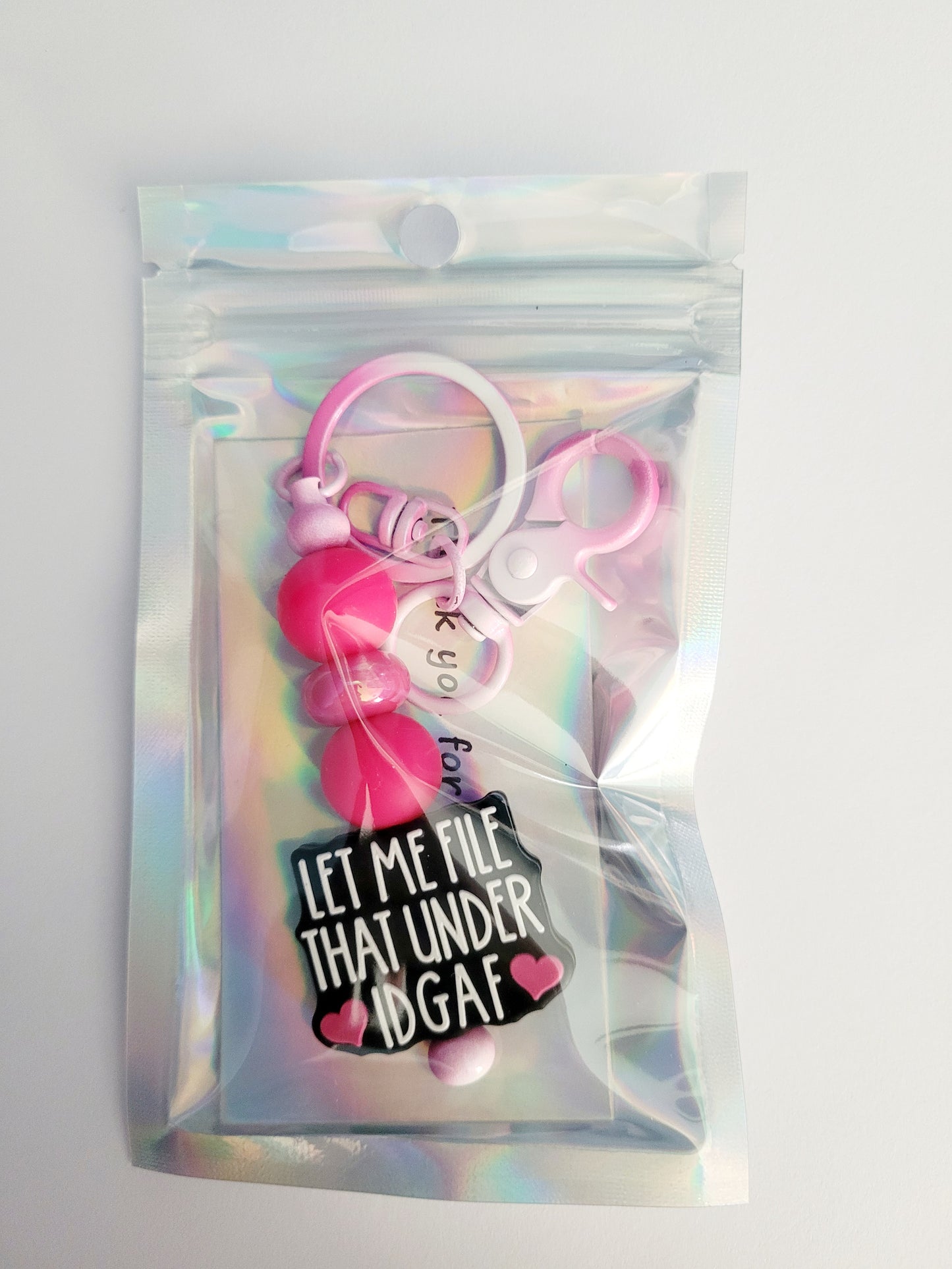 'IDGAF' Sarcasm Beaded Pink Metal Keyring