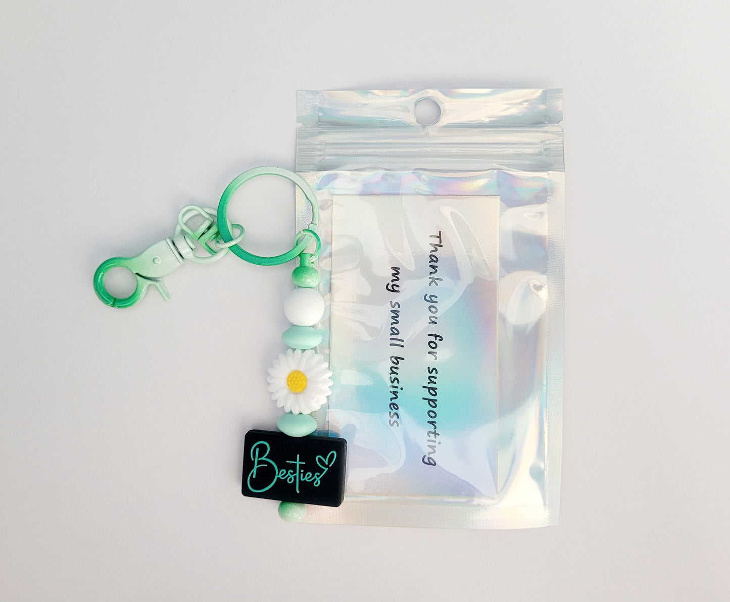 Besties Beaded Mint Metal Keyring