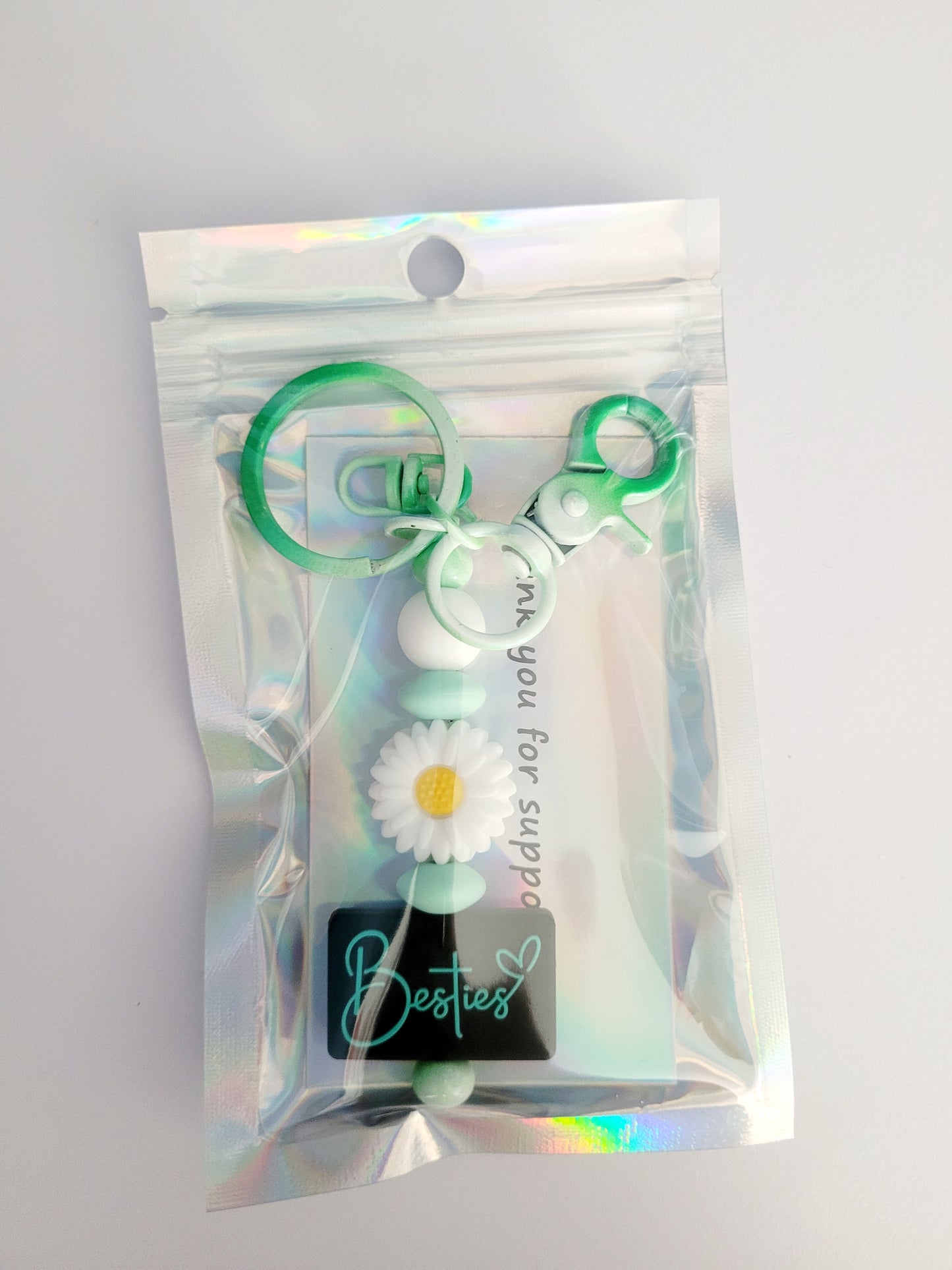 Besties Beaded Mint Metal Keyring