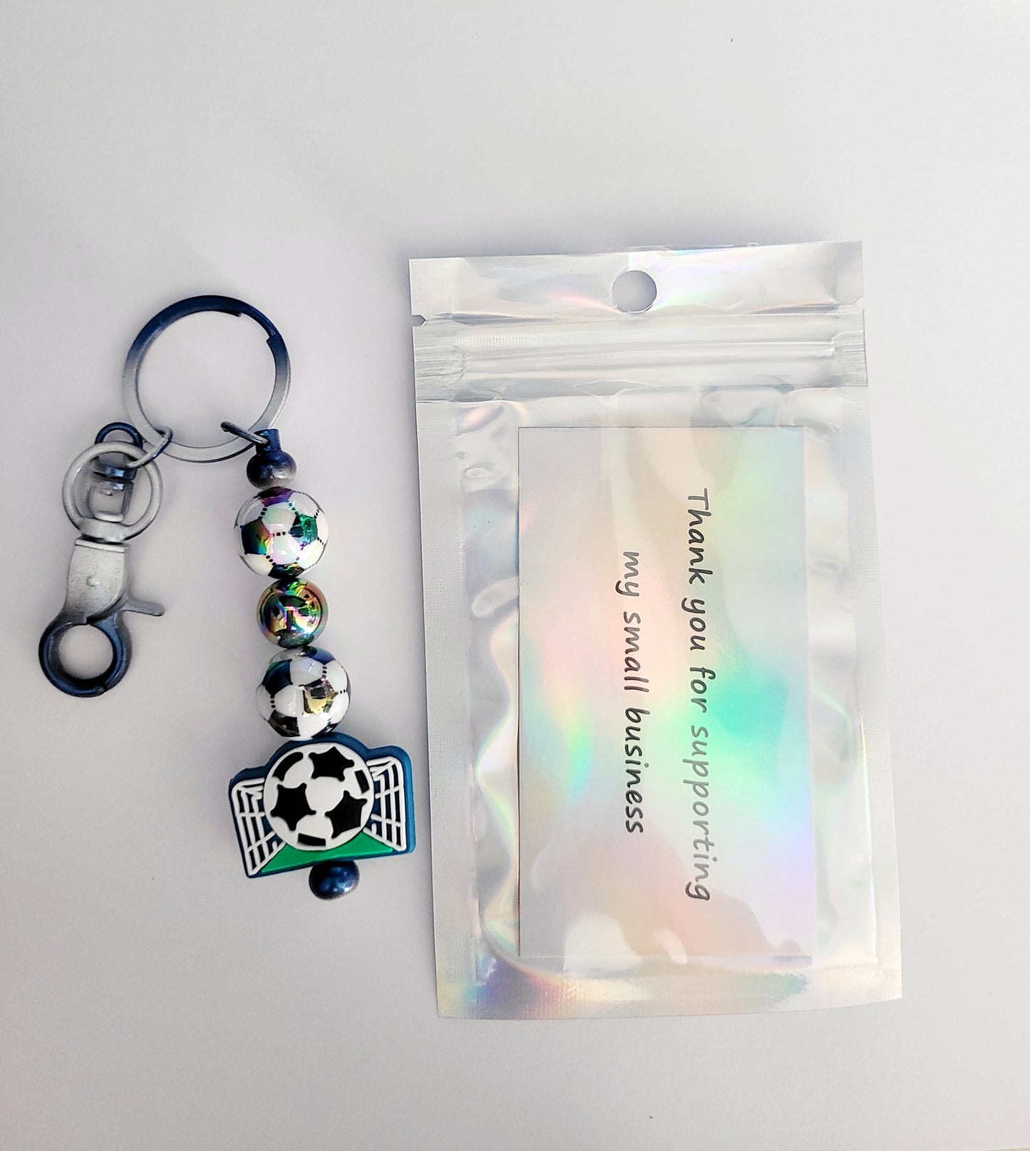 Football Beaded Black Metal Keyring
