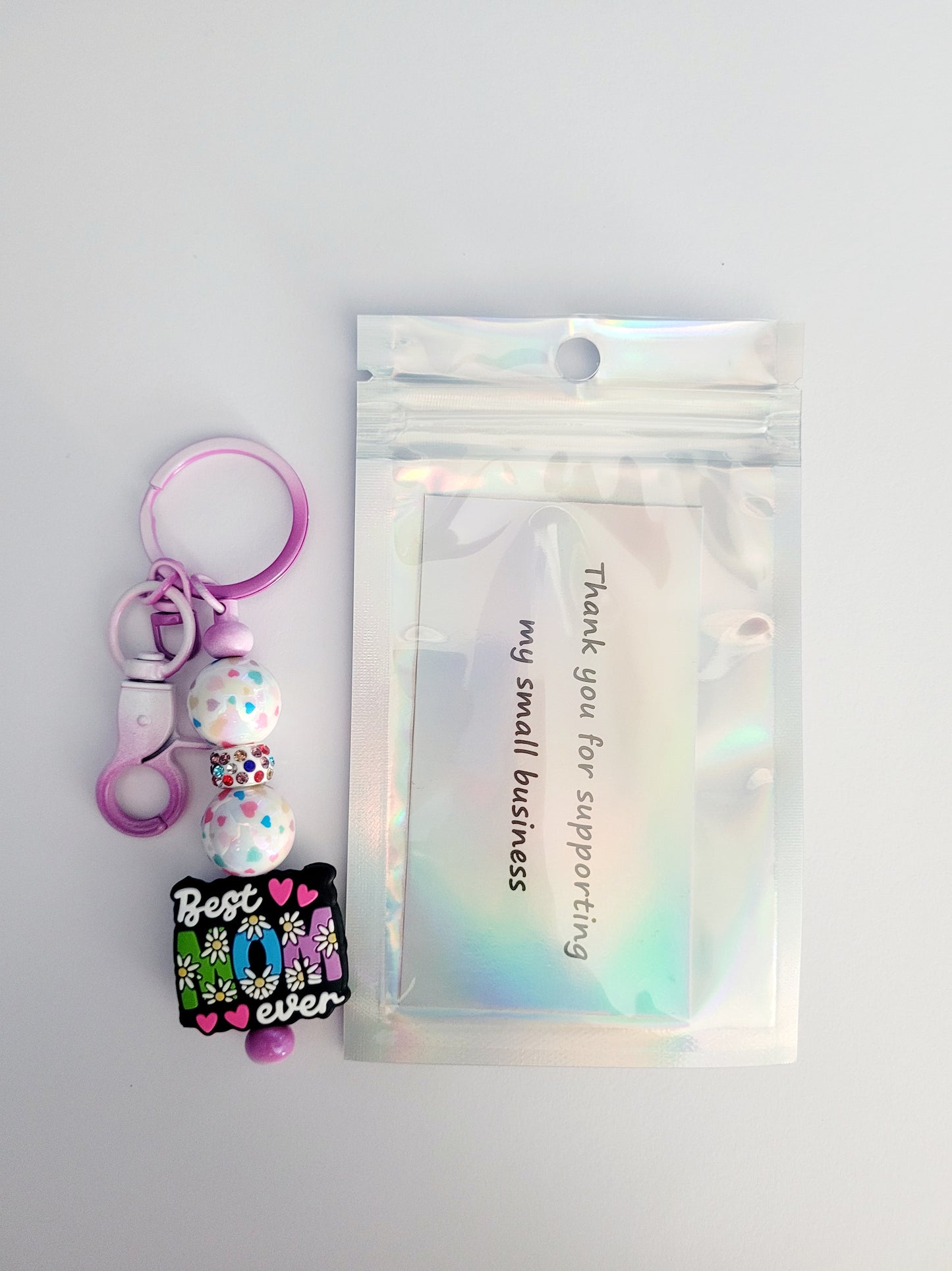 Best Mom Beaded Purple Metal Keyring