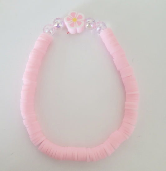 Pink Flower Clay Beaded Bracelet