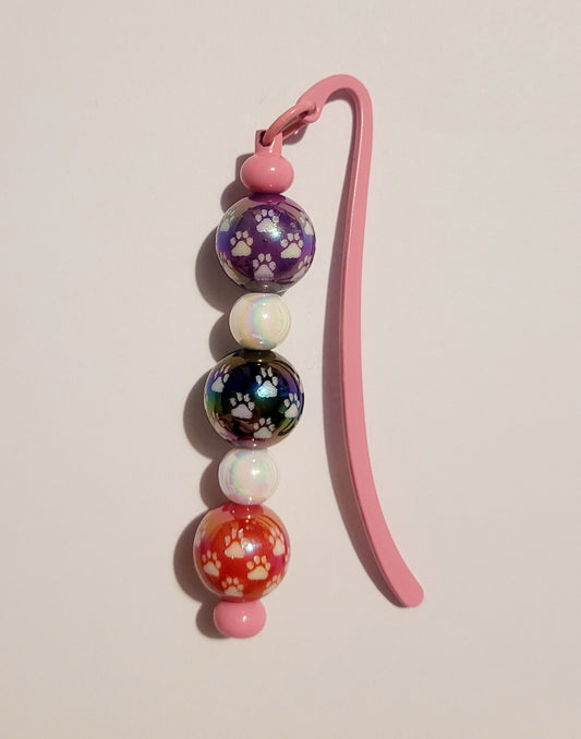 Pink 'Paw Print' Beaded Metal Bookmark
