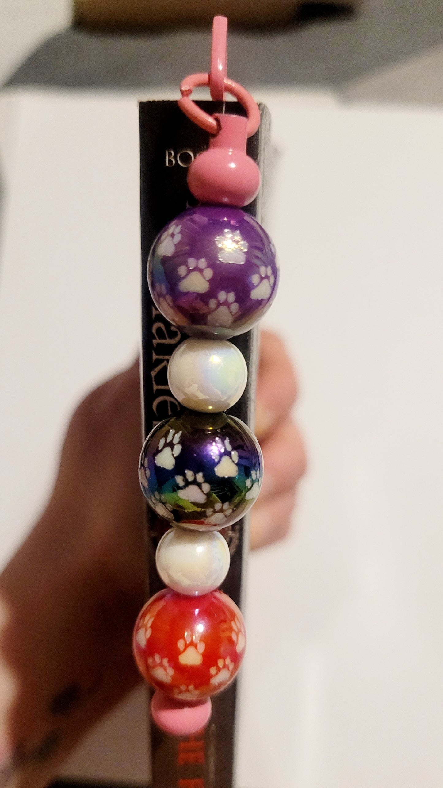 Pink 'Paw Print' Beaded Metal Bookmark