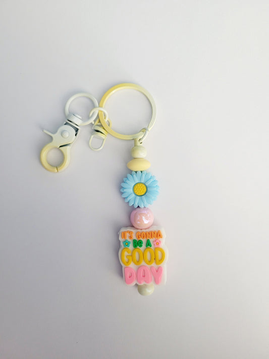 'Good Day' Beaded Yellow Metal Keyring