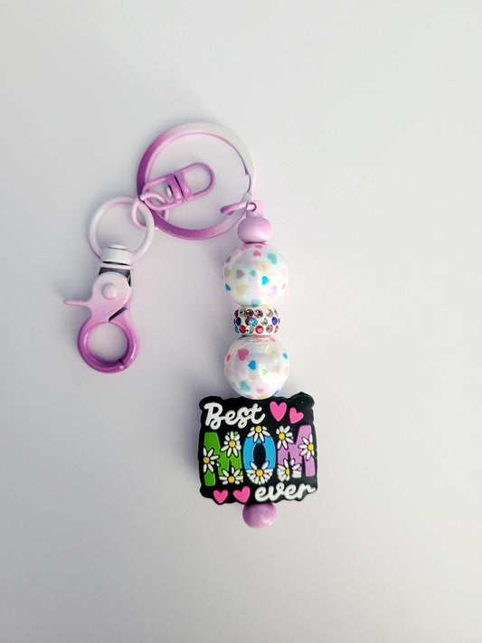 Best Mom Beaded Purple Metal Keyring