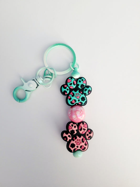 Paw Print Beaded Teal Metal Keyring