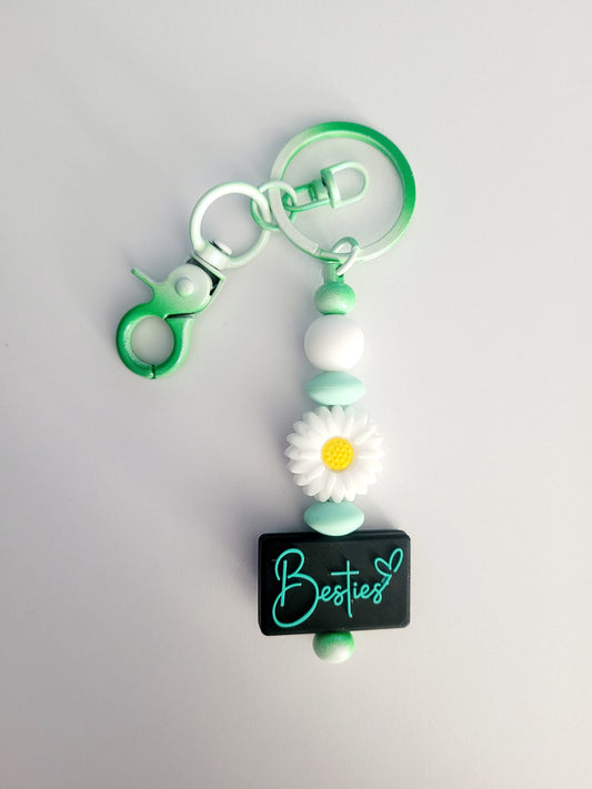 Besties Beaded Mint Metal Keyring