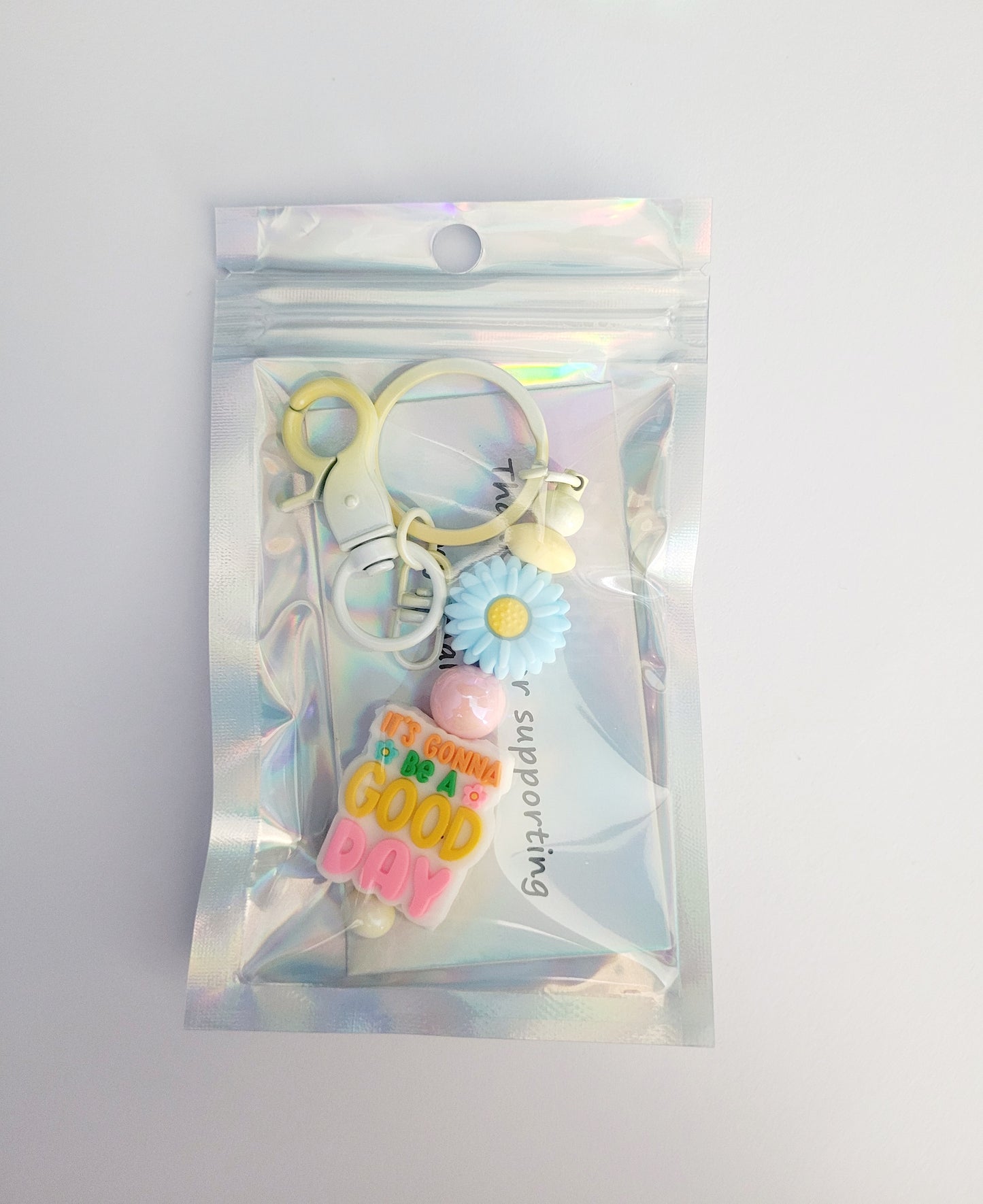 'Good Day' Beaded Yellow Metal Keyring